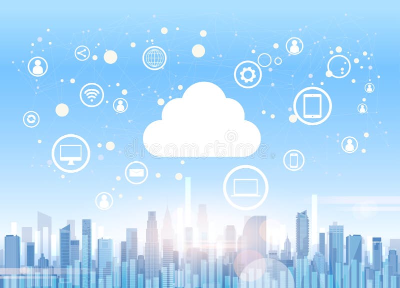 Cloud Computing Technology Device Internet Data Information Storage City Skyscraper View Cityscape Background royalty free illustration