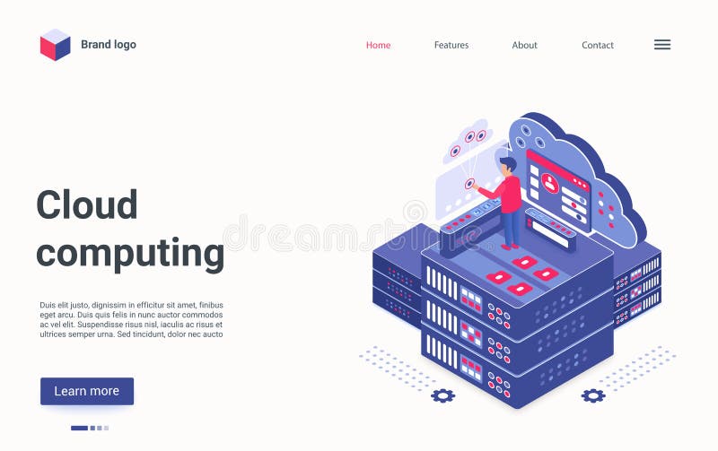 Cloud computing technology isometric landing page, touchscreen report digital dashboard vector illustration