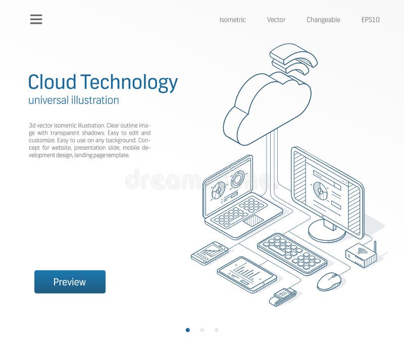 Cloud computing technology modern isometric line illustration. Database, online server, internet platform business royalty free illustration