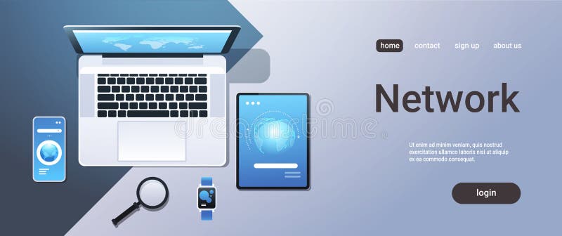 Cloud computing technology network sync concept top angle view desktop laptop smartphone tablet smart watch screen vector illustration