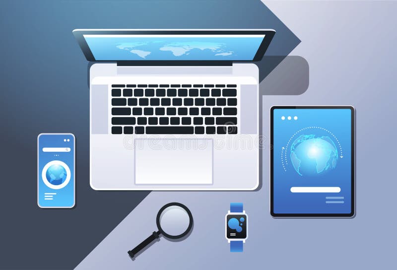 Cloud computing technology network sync concept top angle view desktop laptop smartphone tablet smart watch screen royalty free illustration