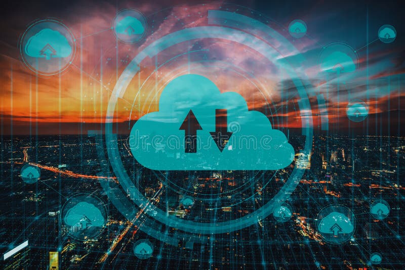 Cloud computing technology and online data storage for business network uds. Computer connects to internet server service for cloud data transfer presented in 3D futuristic graphic interface. uds.