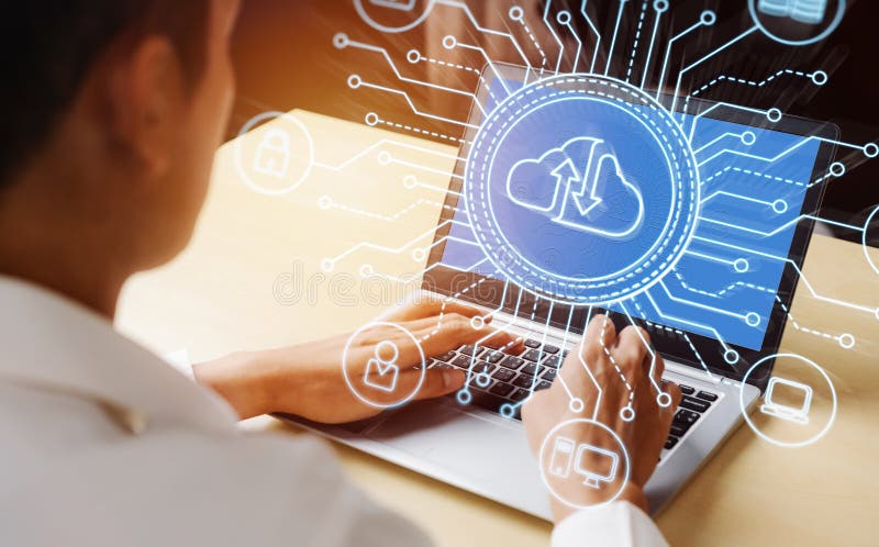 Cloud computing technology and online data storage for global data sharing. stock photo