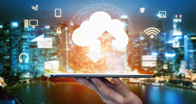Cloud computing technology and online data storage for global data sharing. Computer connects to internet network server service for cloud data transfer presented in 3D futuristic graphic interface.