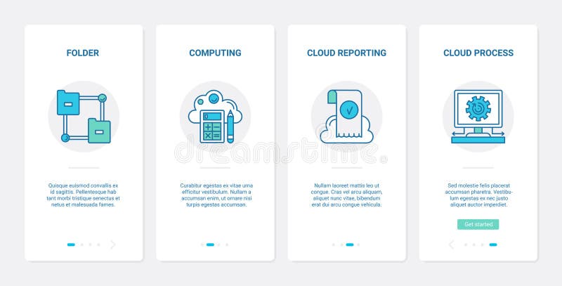 Cloud computing technology, remote access UX, UI onboarding mobile app page screen set vector illustration