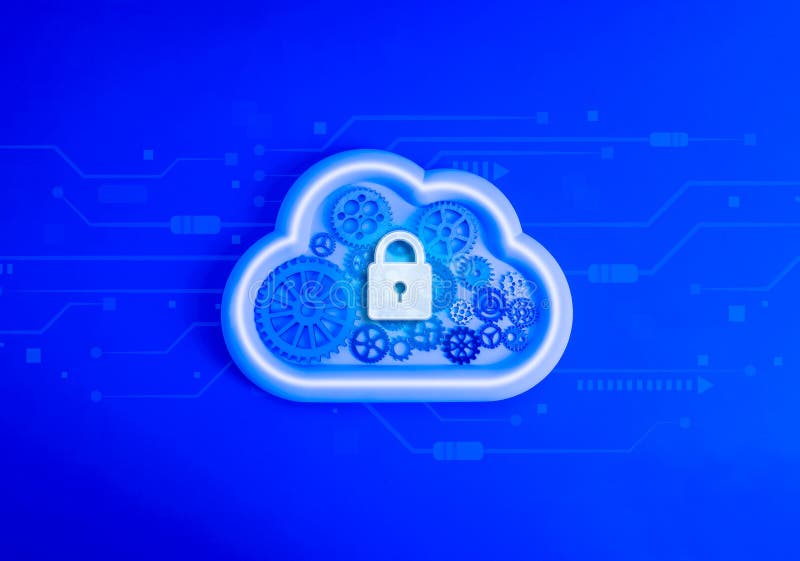 Cloud computing technology, security data system storage service concept. Digital lock icon on many gears and cogs management royalty free stock images
