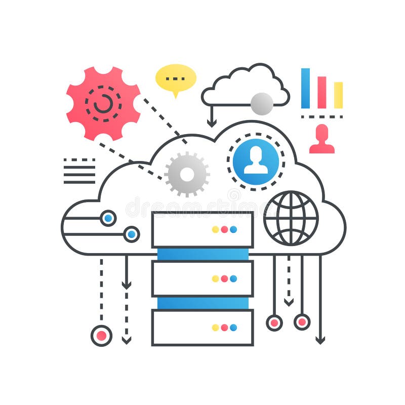 Cloud computing technology service, data storage concept in trendy line with gradient flat color style. vector illustration