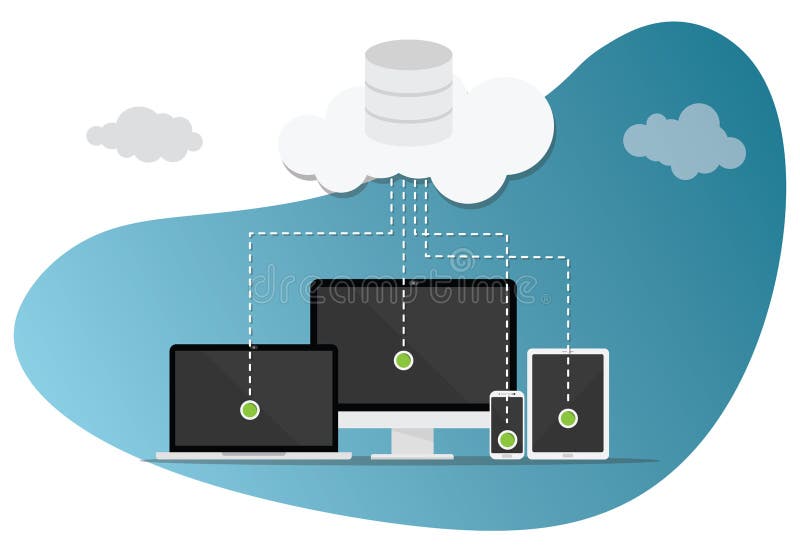 Cloud computing technology with various devices and modern style bubble royalty free illustration