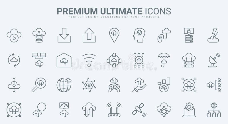 Cloud computing thin line icons set, digital data transfer, download, AI network royalty free illustration
