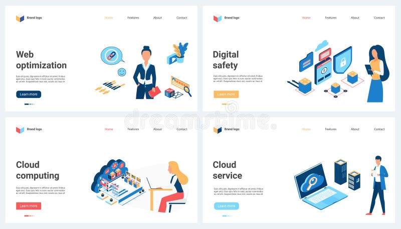 Cloud computing, web optimization, digital security for online service and tiny people vector illustration