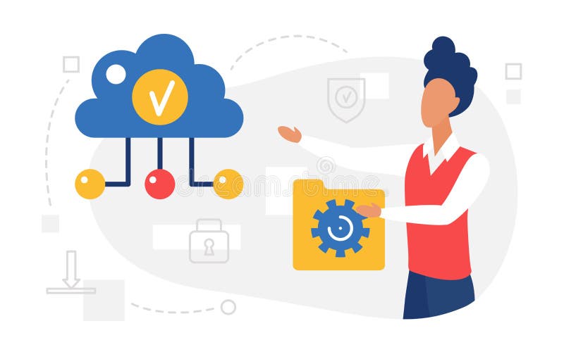 Cloud computing, web service, user holding data folder, uploading files to cloud storage stock illustration