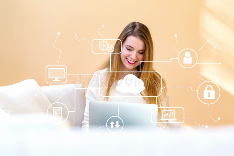 Cloud computing with young woman using her laptop stock image Cloud computing with young woman using her laptop stock image