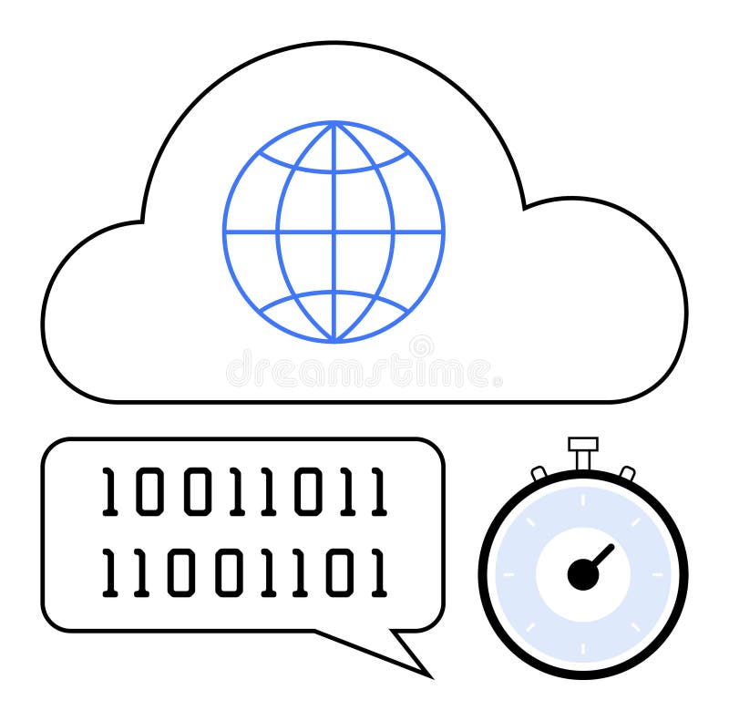Cloud Computing with Binary Communication and Time Management in Global Network. Cloud containing globe symbol binary code speech bubble, and stopwatch. Ideal for technology, cloud computing, data communication, global network, time management, binary language, software