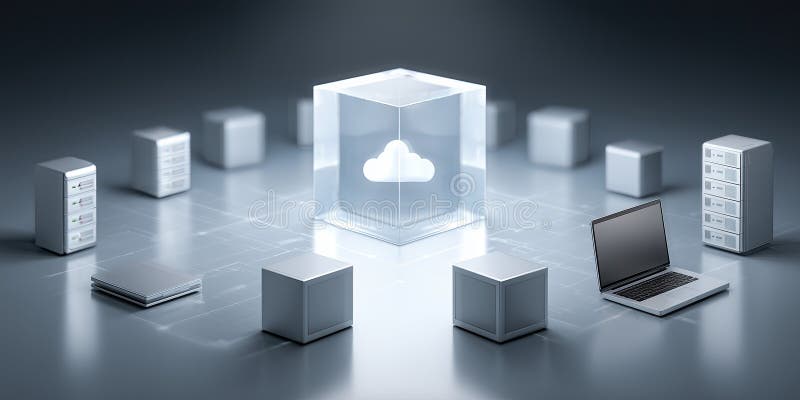 Cloud cube server electronic device laptop network data center technology concept vector illustration
