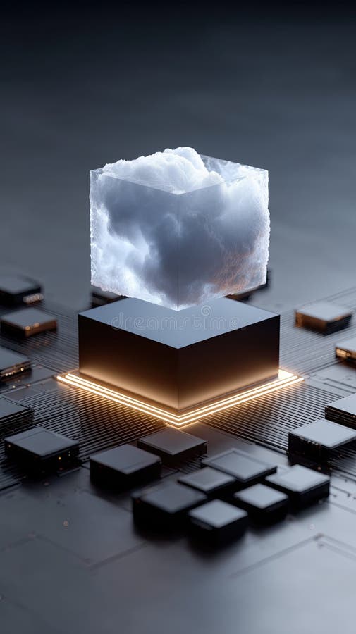 Cloud cube server electronic technology futuristic glowing dark background digital vector illustration