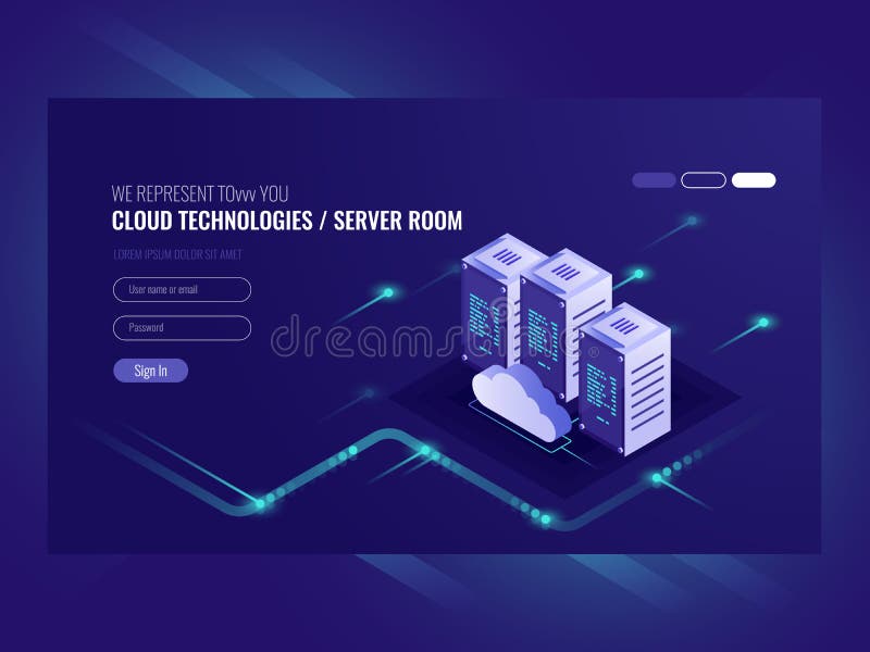 Cloud data center, server room icon, information request processing, computer technologies, isometric vector vector illustration Cloud data center, server room icon, information request processing, computer technologies, isometric vector vector illustration