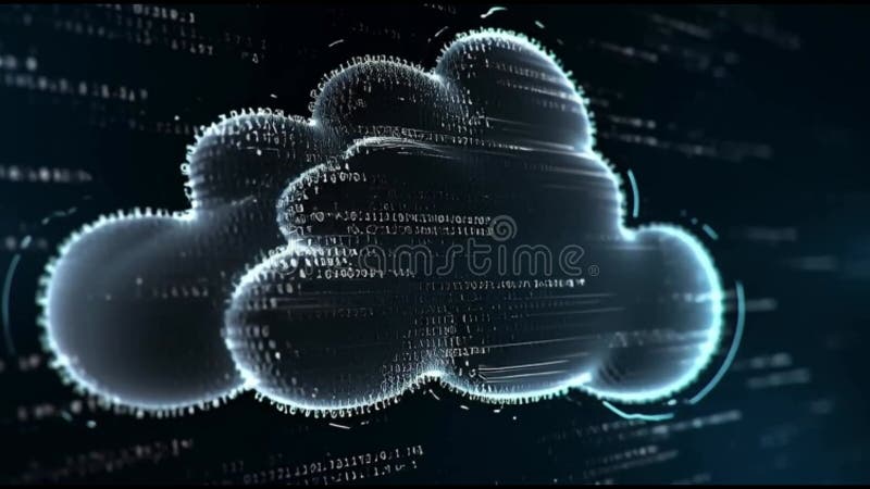 Cloud data encryption visualization with flowing coded patterns. Binary coding data processing video