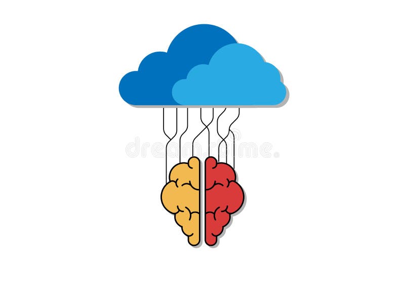 Cloud data storage concept. Blue cloud with red and orange brain. Communication of business and financial. Transfer data to royalty free illustration