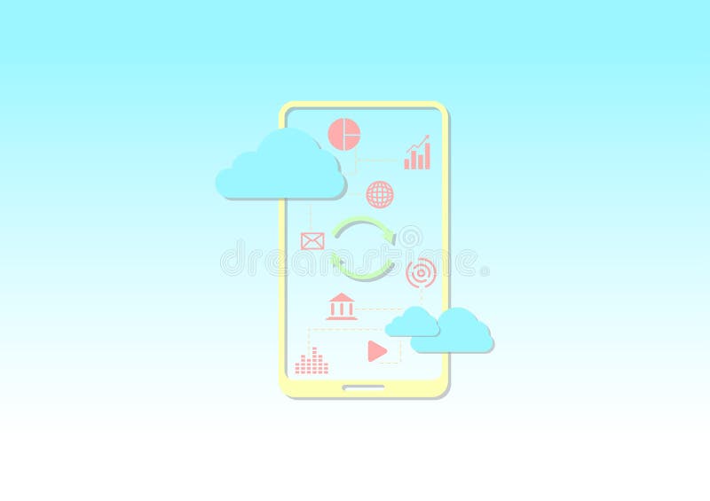 Cloud data storage concept. Cloud computing and smartphone synchronize, wifi, money, data, and lock security icon on blue background. Communication of business and financial