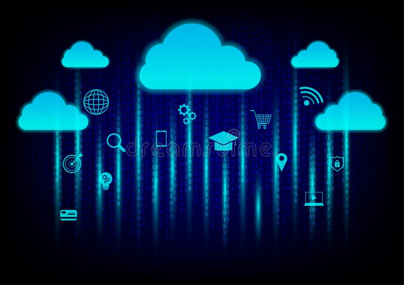 Cloud data storage concept. Cloud computing, wifi, money, data and lock security Communication of business and financial on binary vector illustration