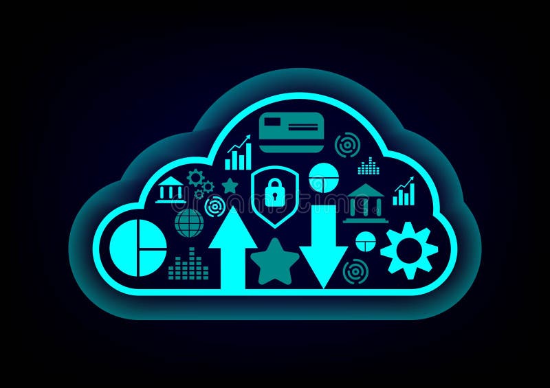 Cloud data storage concept. Cloud computing, wifi, money, data and lock security Communication of business and financial royalty free illustration