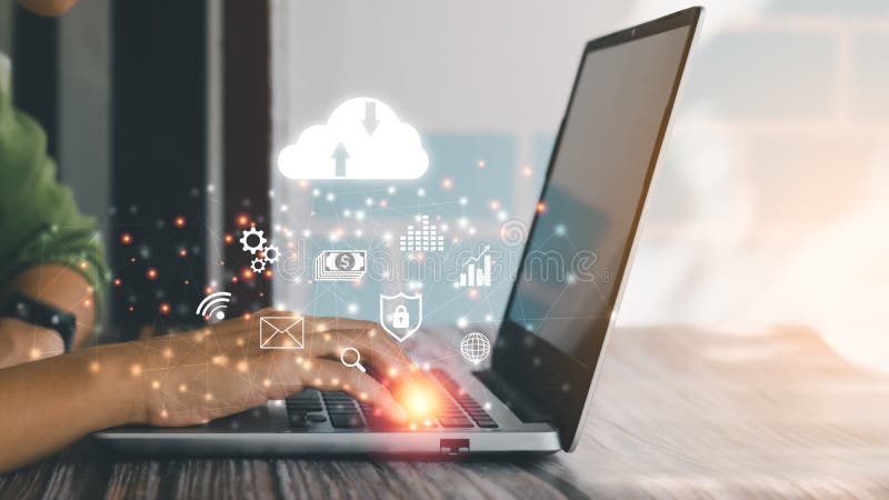 Cloud data storage concept. Human hand using laptop with virtual popup icon of cloud computing, wifi, money, data and lock vector illustration