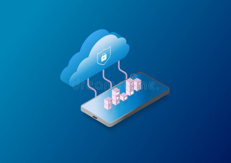 Cloud data storage concept. Isometric cloud computing and smartphone synchronize, wifi, money, data, and lock security icon on vector illustration