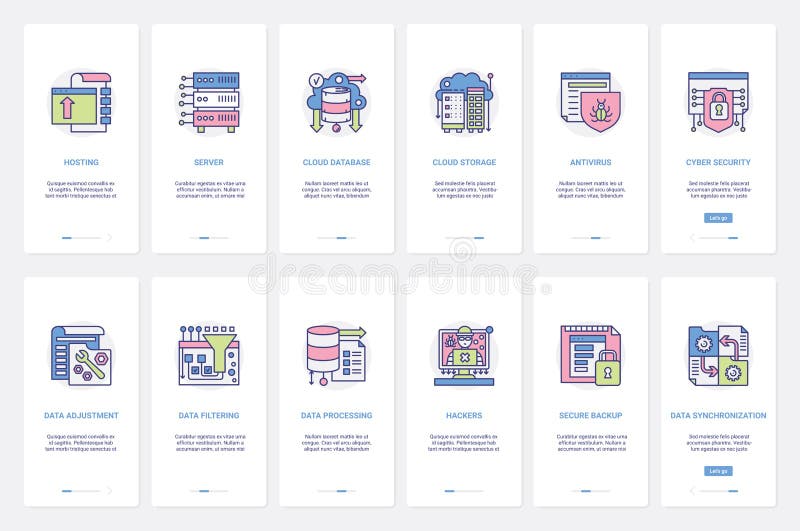 Cloud data storage, database cybersecurity UX, UI onboarding mobile app page screen set stock illustration