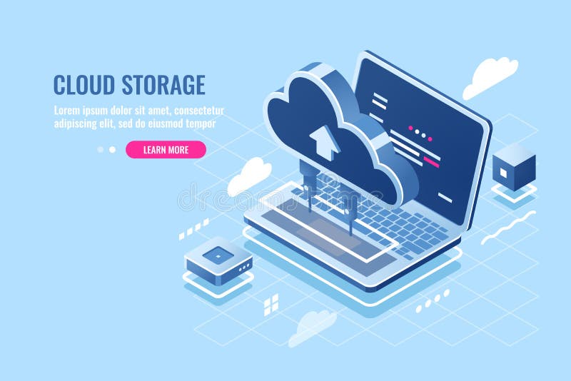 Cloud data storage isometric icon, uploading file on cloud server for remote access concept, laptop computer, database stock illustration