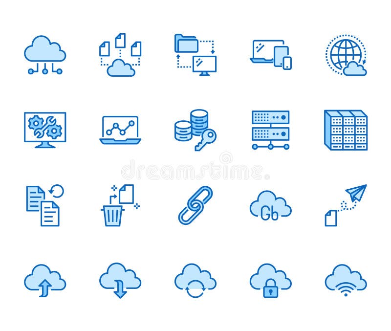 Cloud data storage line icons set. Database, information storage, server center, global network, backup, download vector