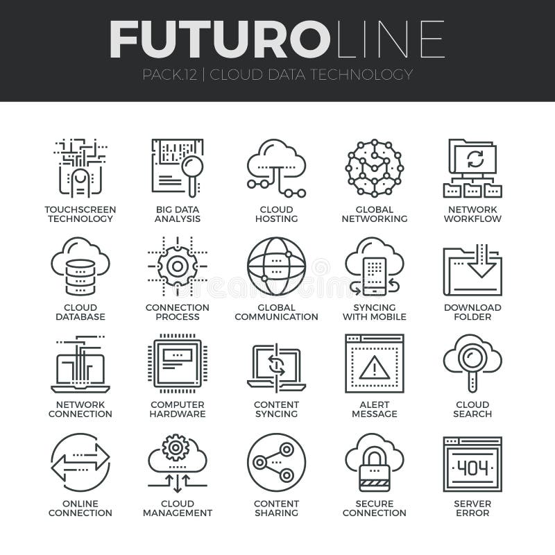 Cloud Data Technology Futuro Line Icons Set stock illustration