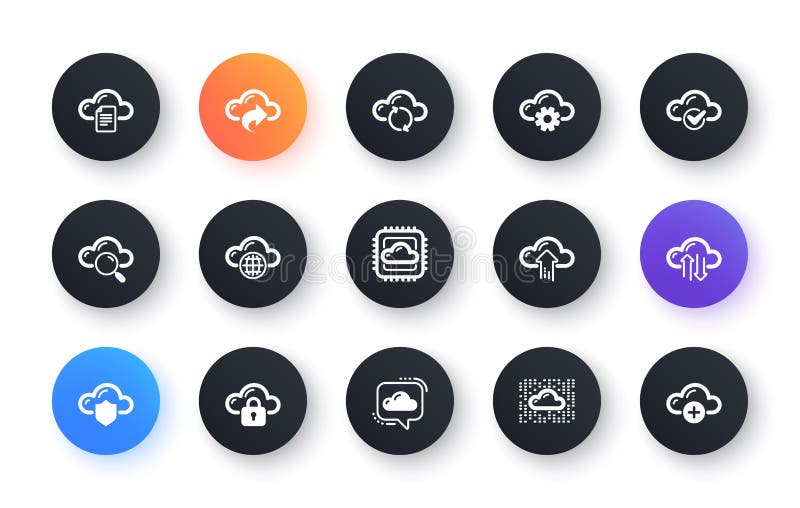 Cloud data and technology icons. Hosting, Computing data and File storage. Classic icon set. Vector stock illustration