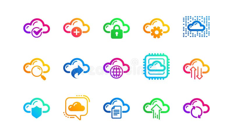Cloud data and technology icons. Hosting, Computing data and File storage. Classic icon set. Vector stock illustration