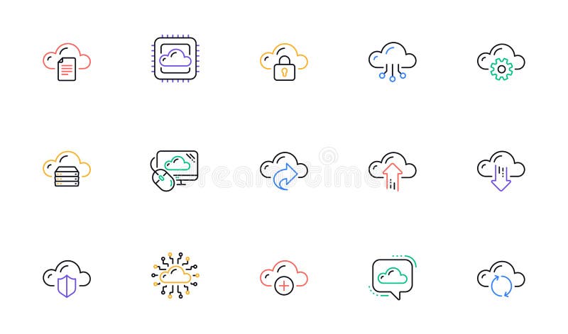 Cloud data and technology icons. Hosting, Computing data and File storage. Linear icon set. Vector royalty free illustration