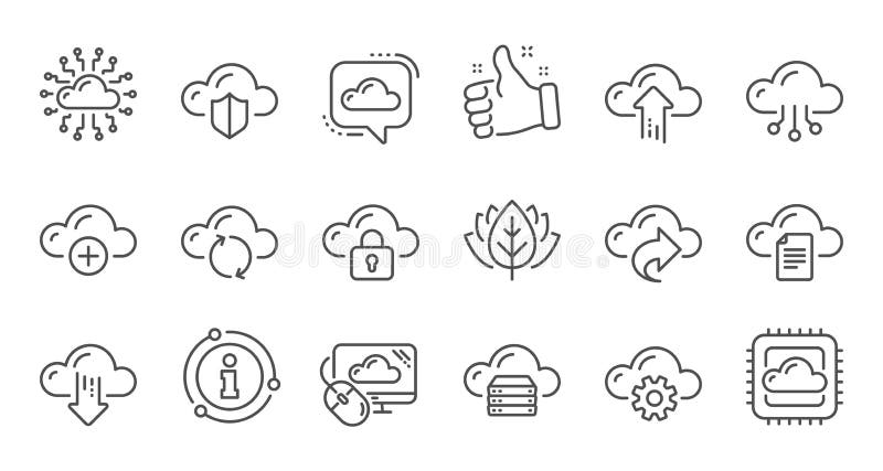Cloud data and technology icons. Hosting, Computing data and File storage. Linear icon set. Vector vector illustration