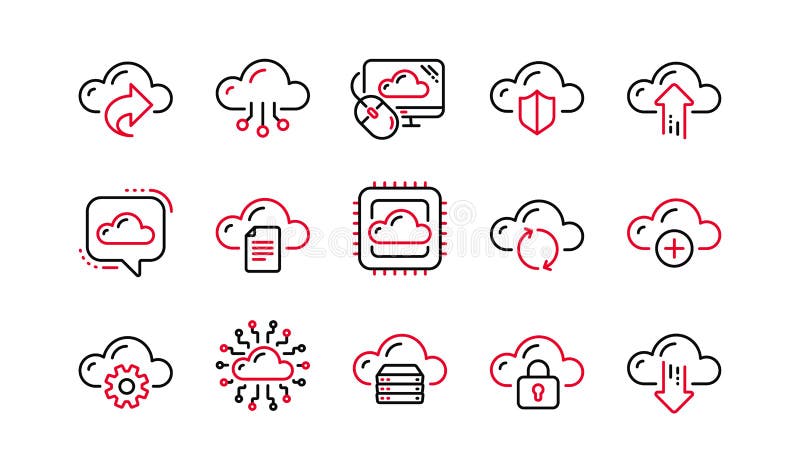 Cloud data and technology icons. Hosting, Computing data and File storage. Linear icon set. Vector royalty free illustration