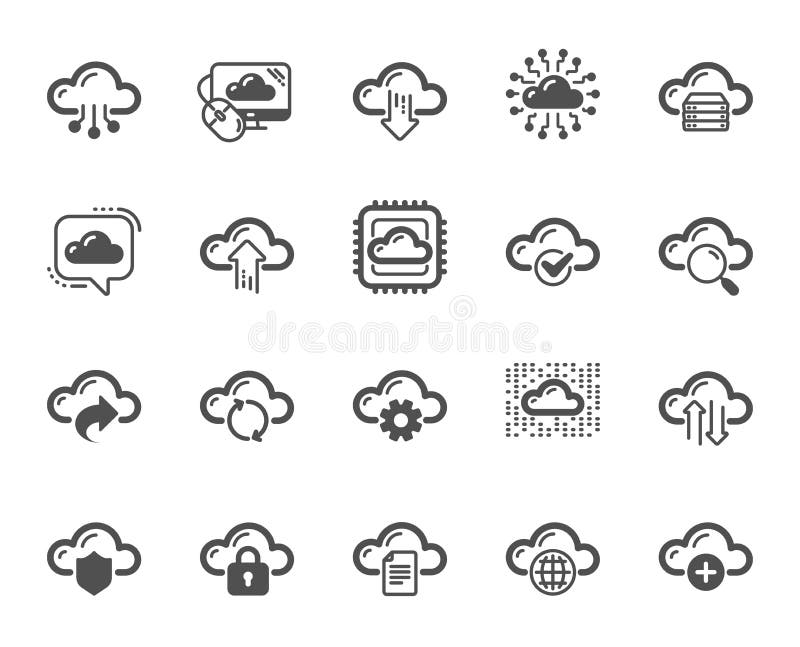 Cloud data and technology icons. Set of Hosting, Computing data and File storage. Vector royalty free illustration