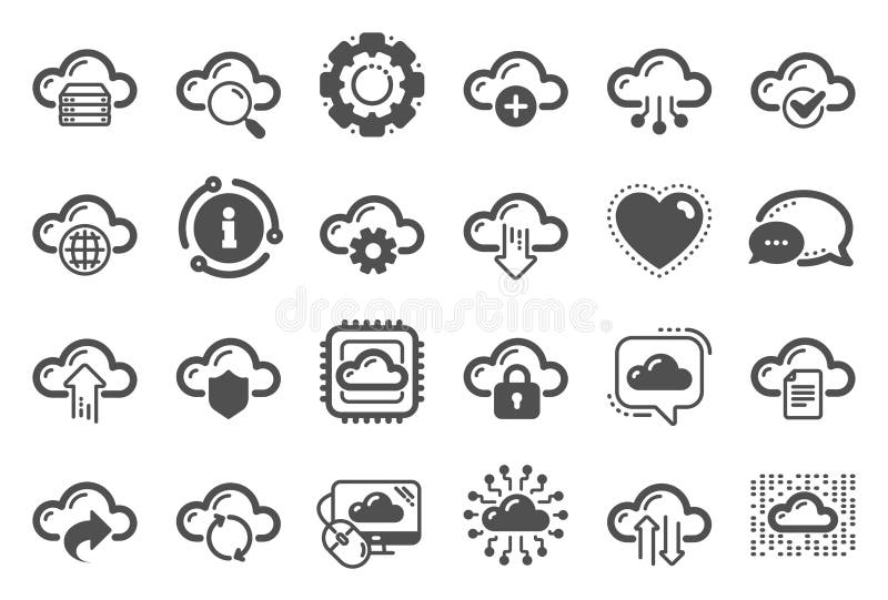 Cloud data and technology icons. Set of Hosting, Computing data and File storage. Vector royalty free illustration