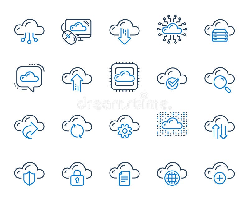 Cloud data and technology line icons. Set of Hosting, Computing data and File storage. Vector royalty free illustration