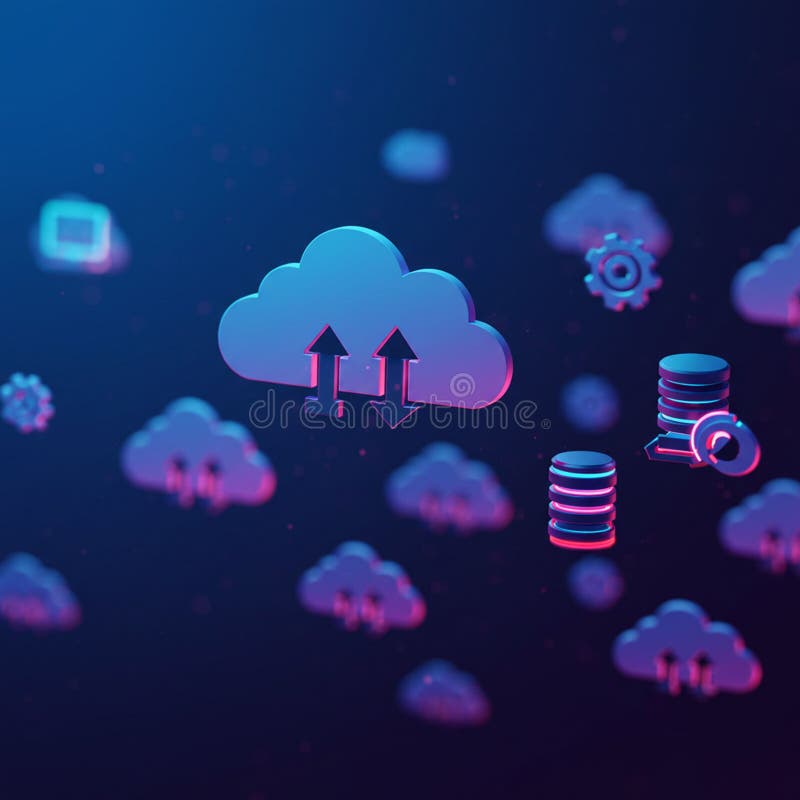 Cloud and database icons float against a dark blue background. The cloud symbols royalty free illustration