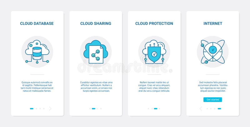 Cloud database protection, safety technology UX, UI onboarding mobile app page screen set stock illustration