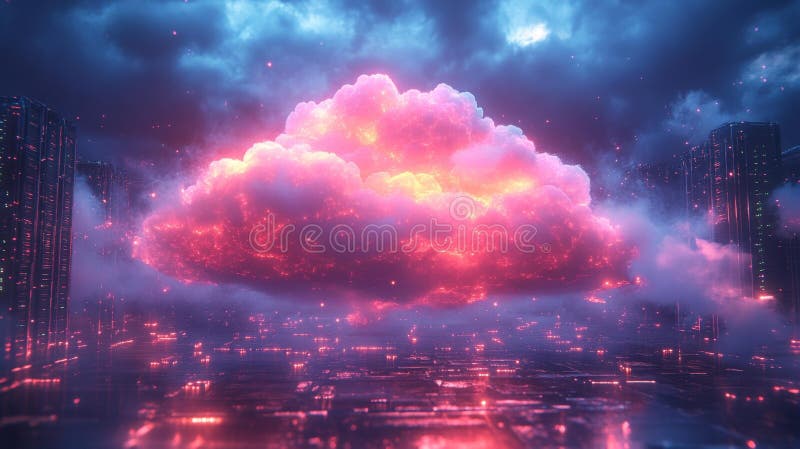 Cloud of Digital Data in a Futuristic Cityscape Generative AI royalty free illustration