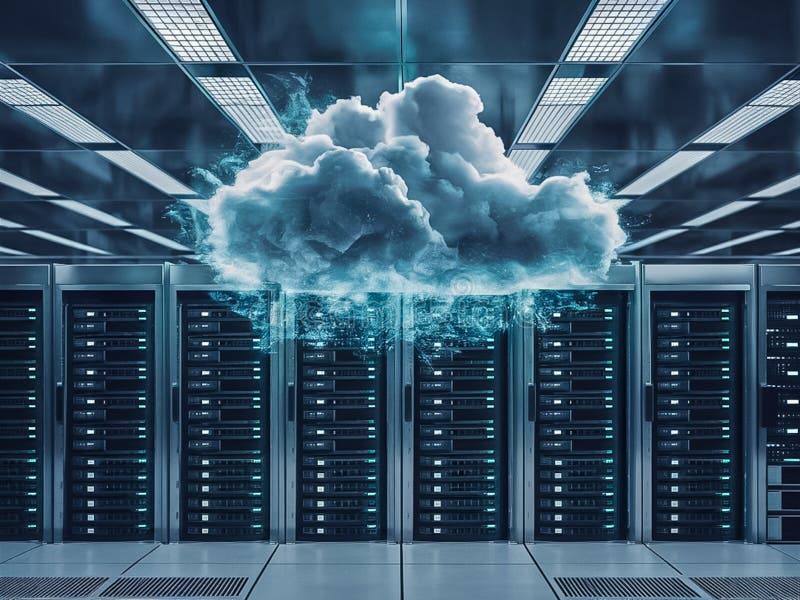 A cloud is displayed on a computer server royalty free stock image