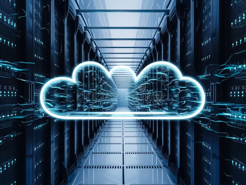 A cloud is displayed on a computer server royalty free stock photos