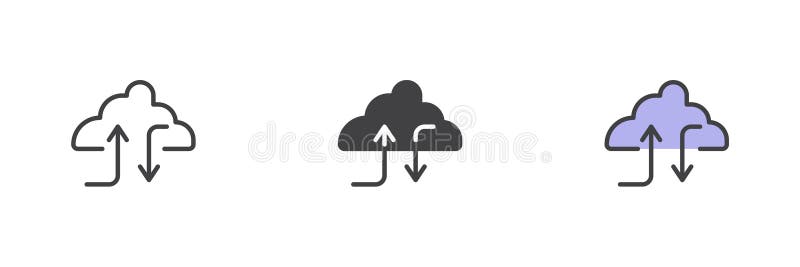 Cloud download icon set in line, solid and filled outline style vector illustration