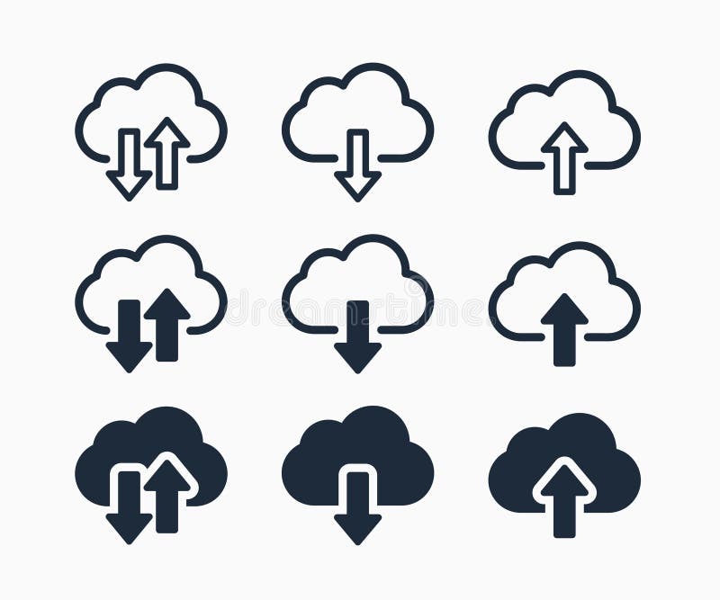 Cloud download and upload icon set. Cloud service symbol. Download and upload cloud computing outline and filled vector sign vector illustration