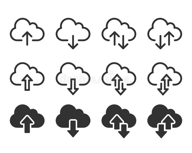 Cloud download and upload icons set. Upload download cloud computing outline and filled vector sign. vector illustration