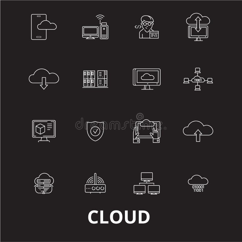 Cloud editable line icons vector set on black background. Cloud white outline illustrations, signs, symbols stock illustration Cloud editable line icons vector set on black background. Cloud white outline illustrations, signs, symbols stock illustration