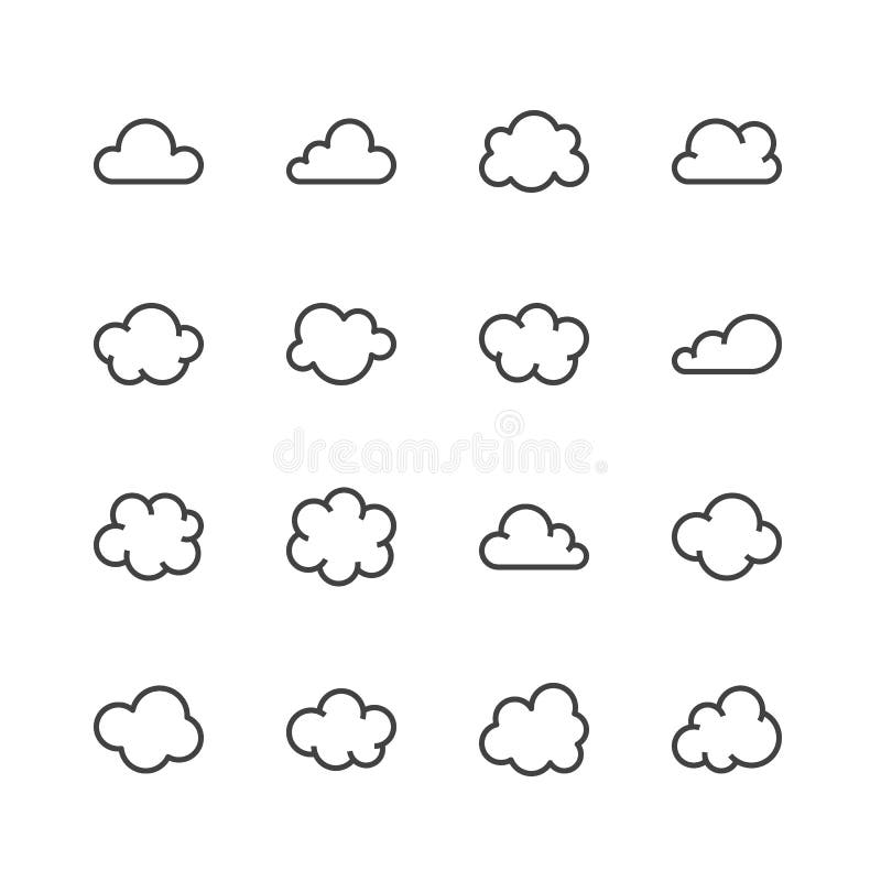 Cloud flat line icons. Clouds symbols for data storage, weather forecast. Thin signs for hosting. Pixel perfect 48x48 vector illustration