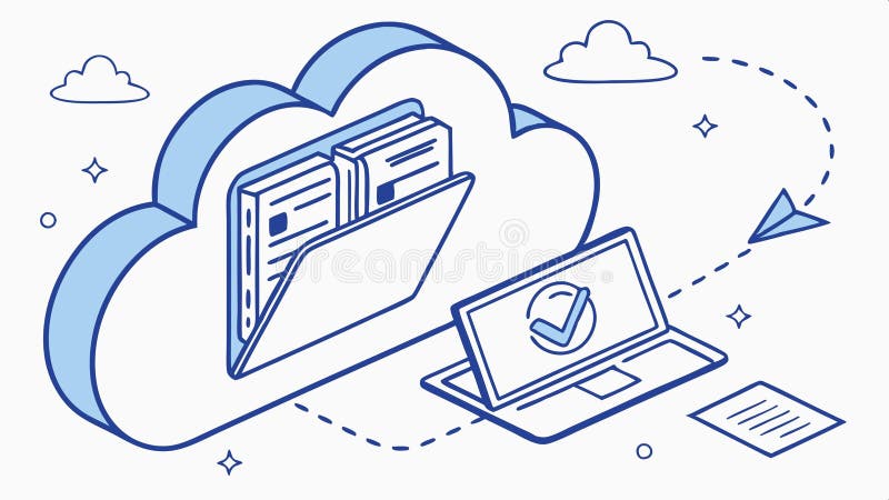Cloud folder and laptop, file storage and digital access vector design Generative AI stock illustration